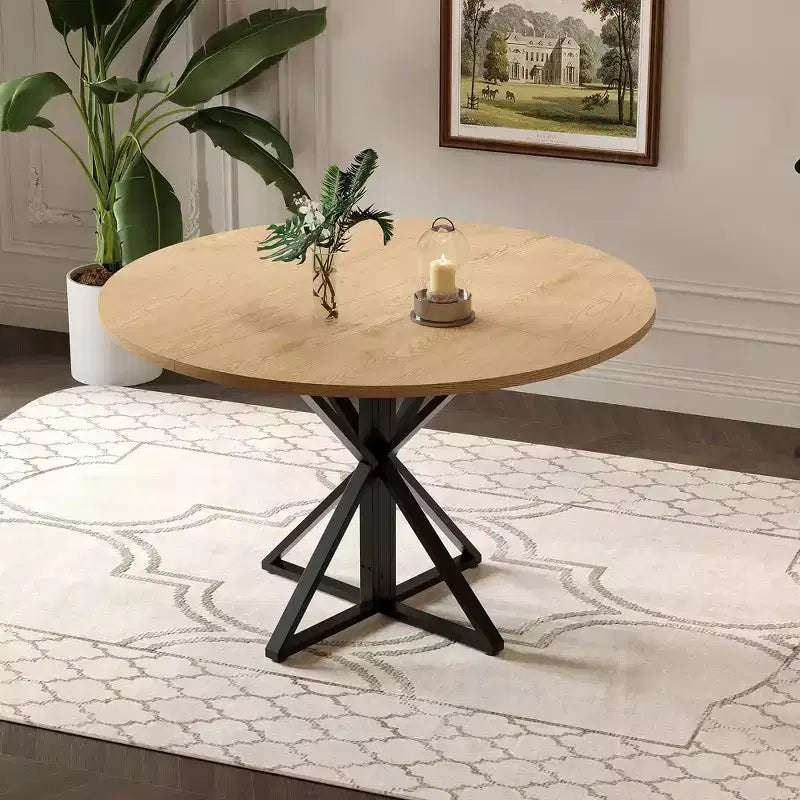 Table à manger ronde pour 4-6 personnes, table de cuisine de style campagnard de 120 cm avec rangement