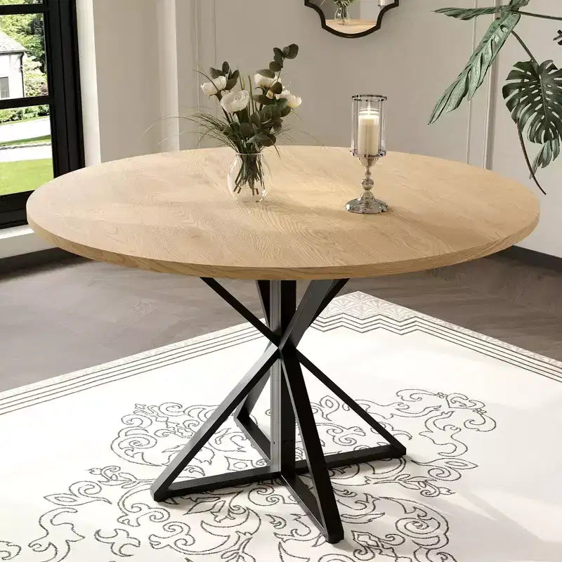 Table à manger ronde pour 4-6 personnes, table de cuisine de style campagnard de 120 cm avec rangement