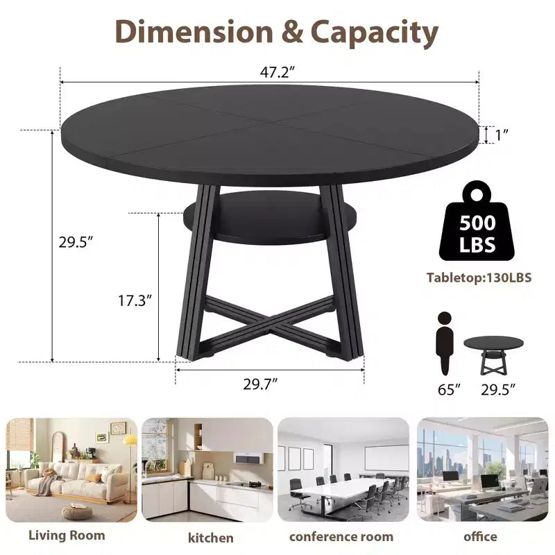 Table à manger ronde pour 4-6 personnes, table de cuisine de style campagnard de 120 cm avec rangement