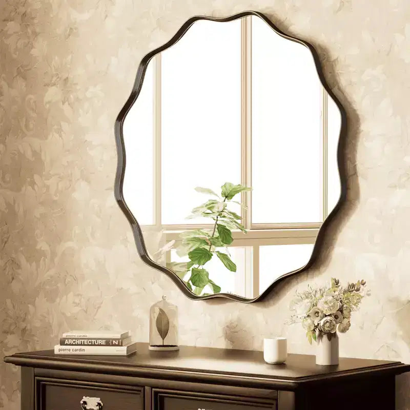 Miroir de Salle de Bain Rond Ondulé Miroir Mural Décoratif à Cadre Profond, Noir