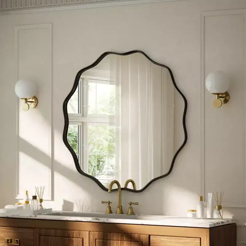 Miroir de Salle de Bain Rond Ondulé Miroir Mural Décoratif à Cadre Profond, Noir