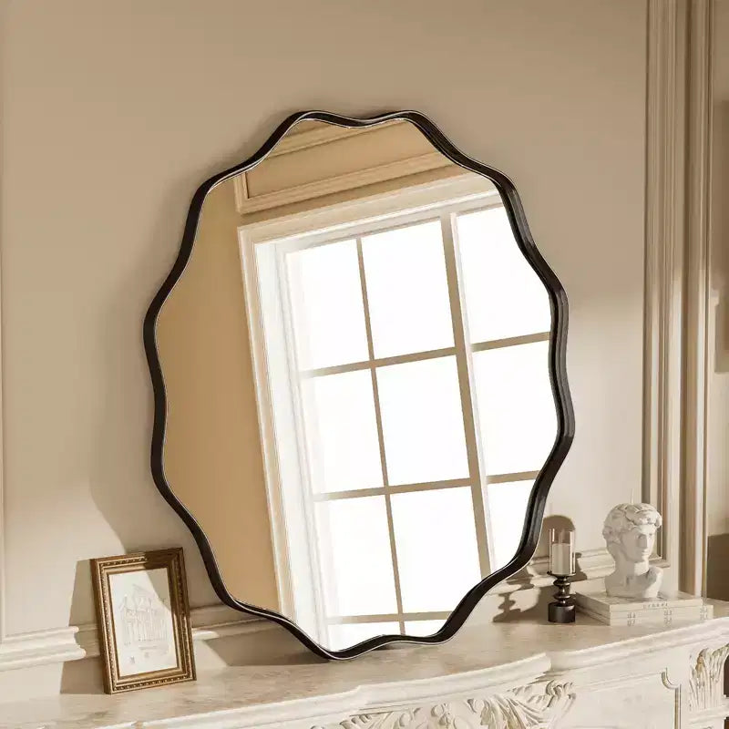 Miroir de Salle de Bain Rond Ondulé Miroir Mural Décoratif à Cadre Profond, Noir