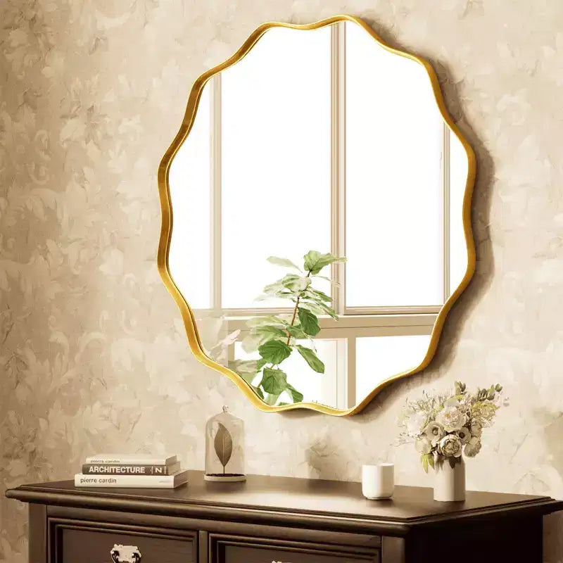 Miroir de Salle de Bain Rond Ondulé Miroir Mural Décoratif à Cadre Profond, Noir
