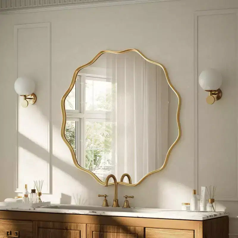 Miroir de Salle de Bain Rond Ondulé Miroir Mural Décoratif à Cadre Profond, Noir
