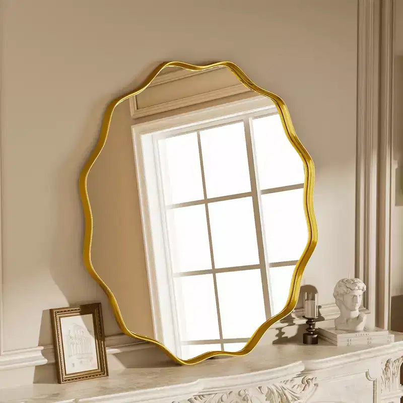Miroir de Salle de Bain Rond Ondulé Miroir Mural Décoratif à Cadre Profond, Noir