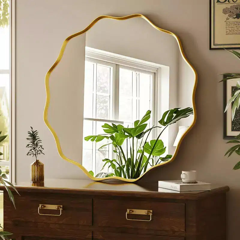 Miroir de Salle de Bain Rond Ondulé Miroir Mural Décoratif à Cadre Profond, Noir