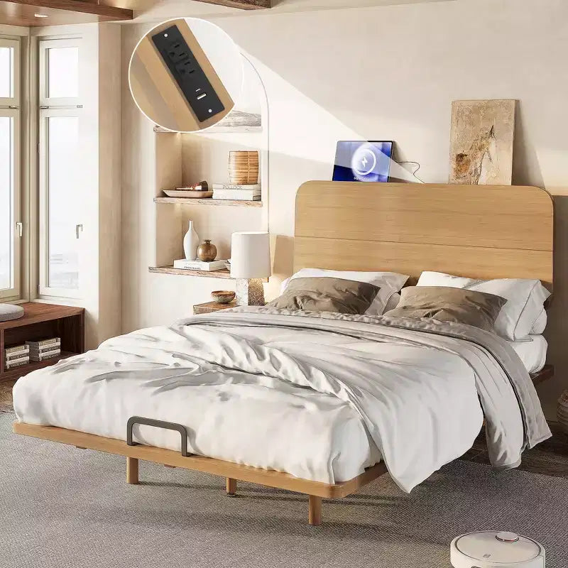 Bellemave Platform Bed with Headboard and USB Ports, Solid Bamboo-made Floating Bed Frame with Support Slats for Bedroom