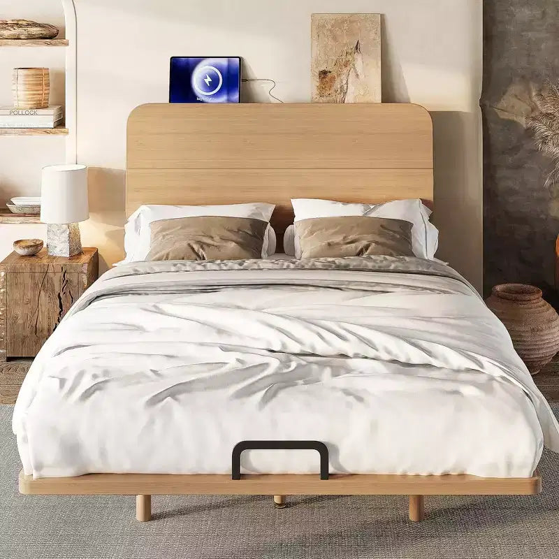 Lit plateforme avec tête de lit et ports USB, cadre de lit flottant en bambou massif