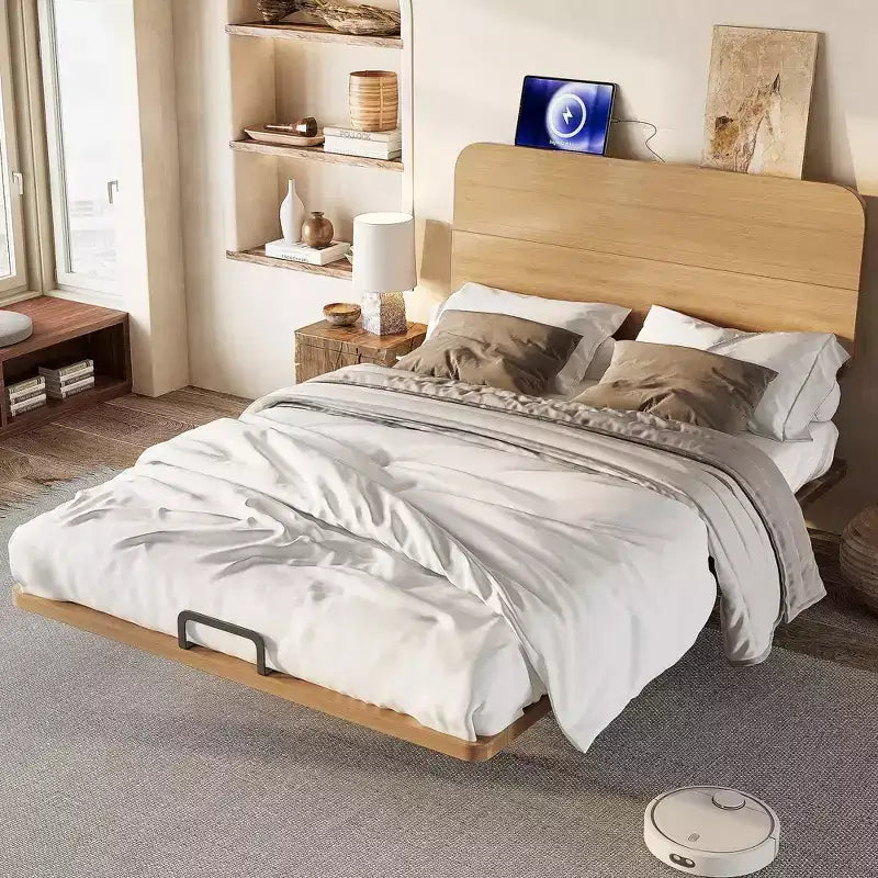 Lit plateforme avec tête de lit et ports USB, cadre de lit flottant en bambou massif