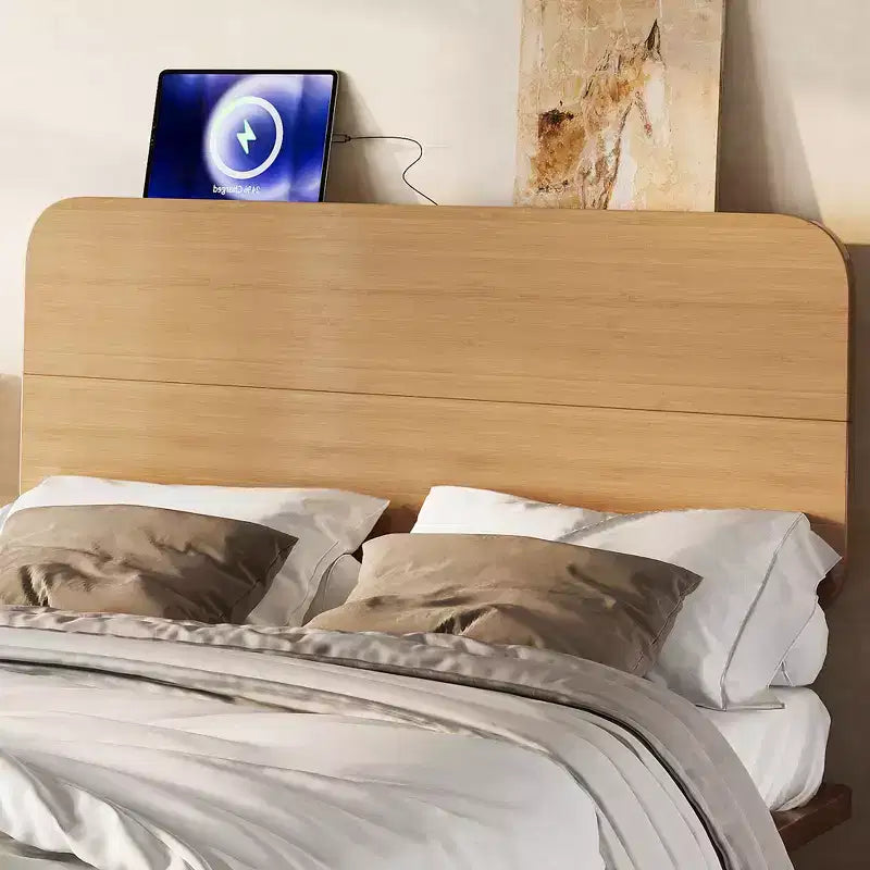 Lit plateforme avec tête de lit et ports USB, cadre de lit flottant en bambou massif