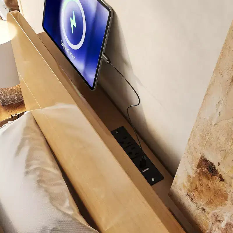 Lit plateforme avec tête de lit et ports USB, cadre de lit flottant en bambou massif