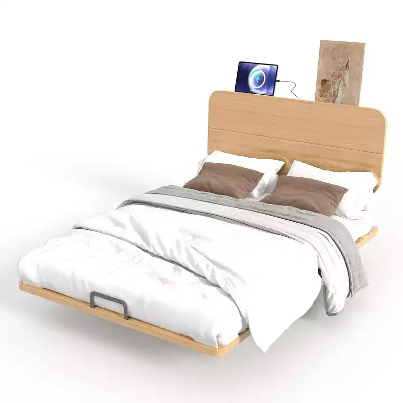 Lit plateforme avec tête de lit et ports USB, cadre de lit flottant en bambou massif