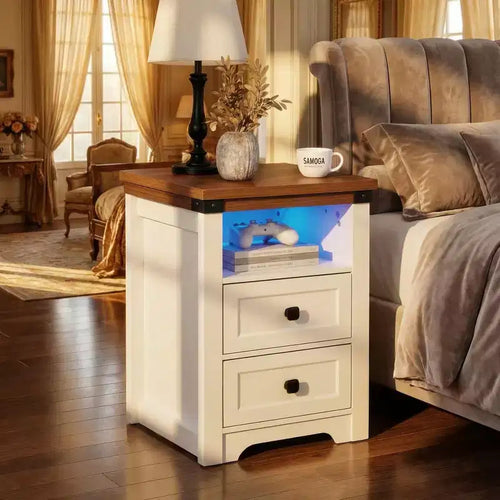 Homy Casa 2 Drawer Nightstand, Modern Side End Table with Charging Station and LED Light, White