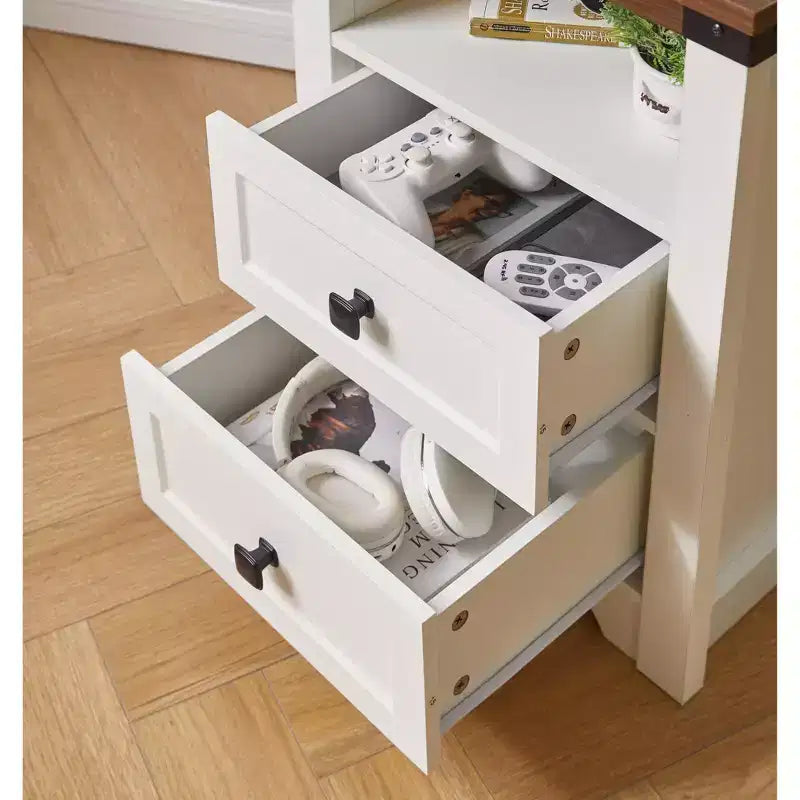Table de chevet à 2 tiroirs, table d'appoint moderne avec station de charge et éclairage LED