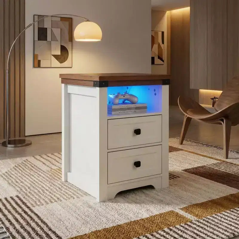 Table de chevet à 2 tiroirs, table d'appoint moderne avec station de charge et éclairage LED