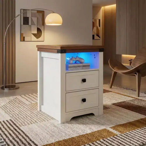 Table de chevet à 2 tiroirs, table d'appoint moderne avec station de charge et éclairage LED