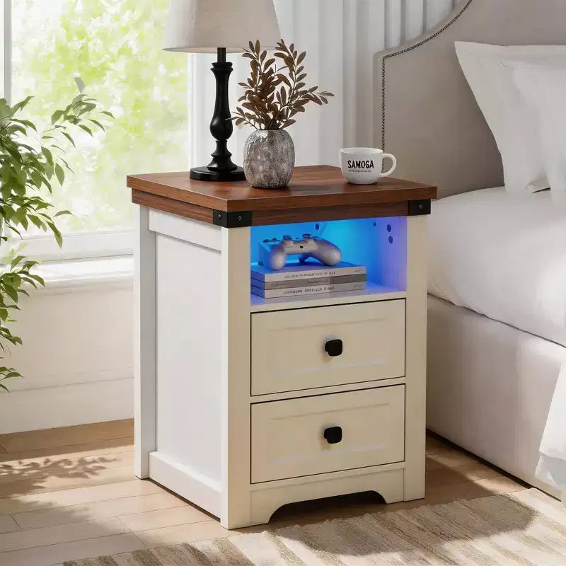 Table de chevet à 2 tiroirs, table d'appoint moderne avec station de charge et éclairage LED