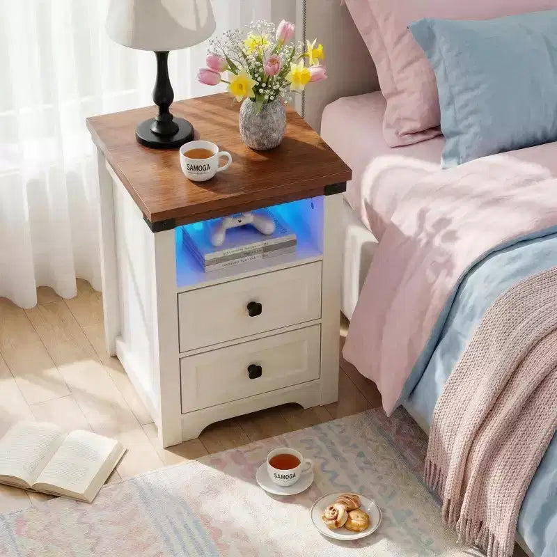 Table de chevet à 2 tiroirs, table d'appoint moderne avec station de charge et éclairage LED