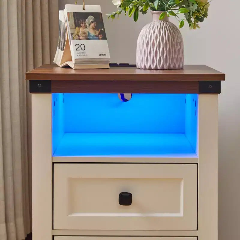 Table de chevet à 2 tiroirs, table d'appoint moderne avec station de charge et éclairage LED