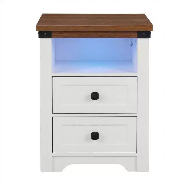 Table de chevet à 2 tiroirs, table d'appoint moderne avec station de charge et éclairage LED