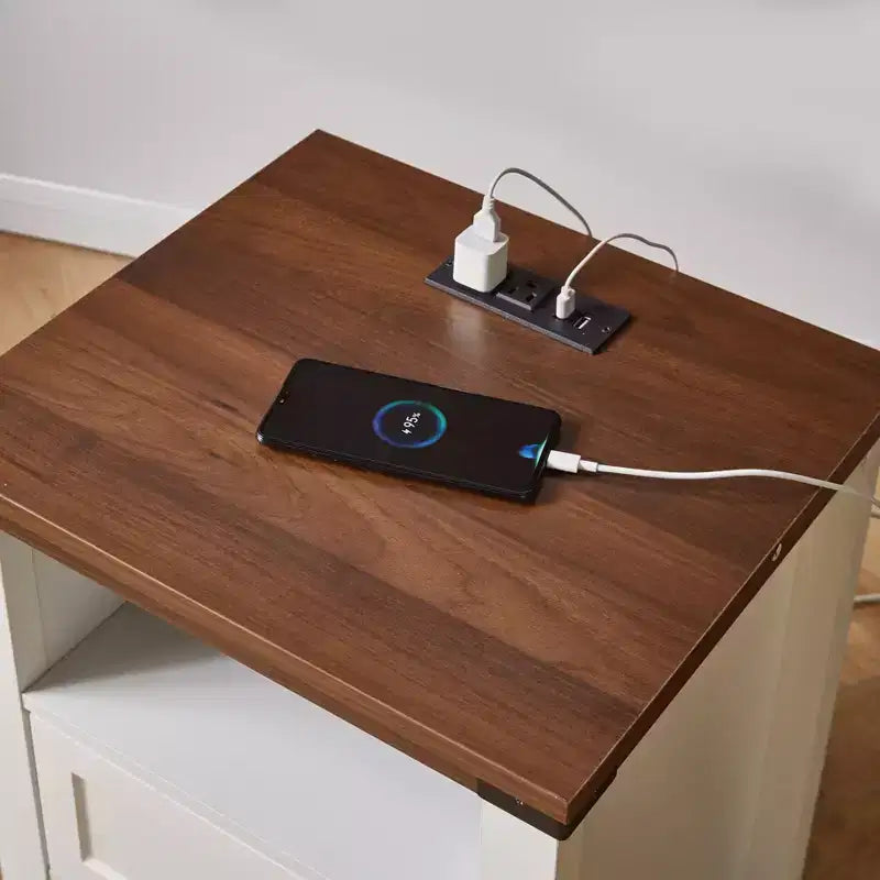 Table de chevet à 2 tiroirs, table d'appoint moderne avec station de charge et éclairage LED
