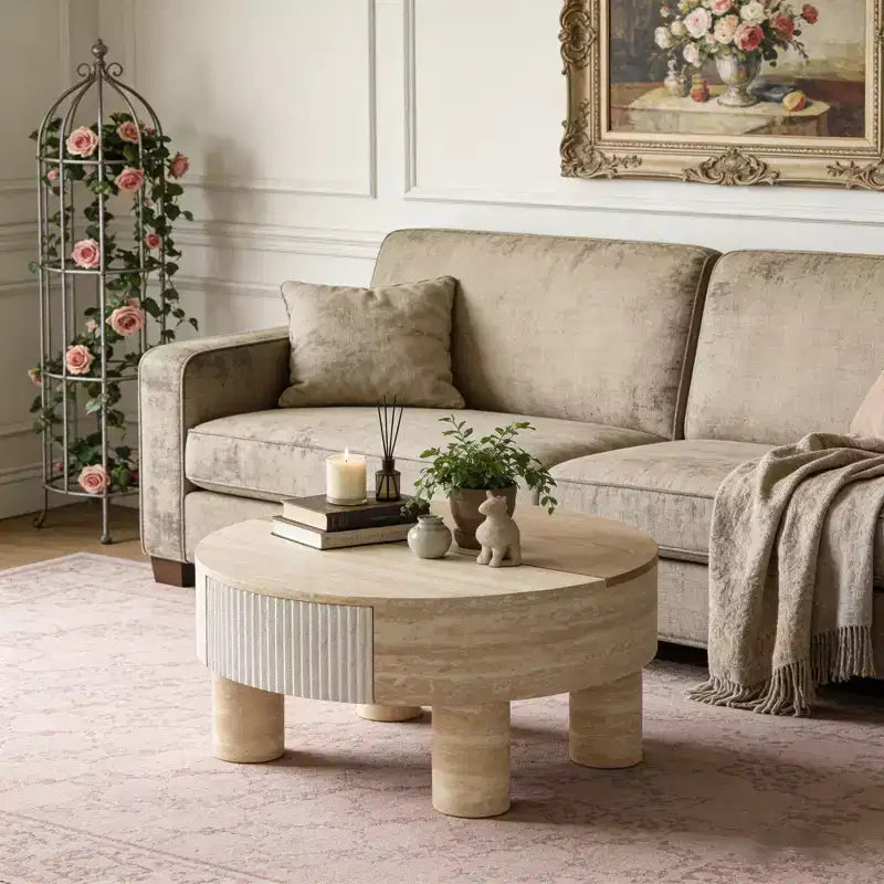 GDFStudio Nuria Round Coffee Table with Flip Top and Hidden Storage Drawer