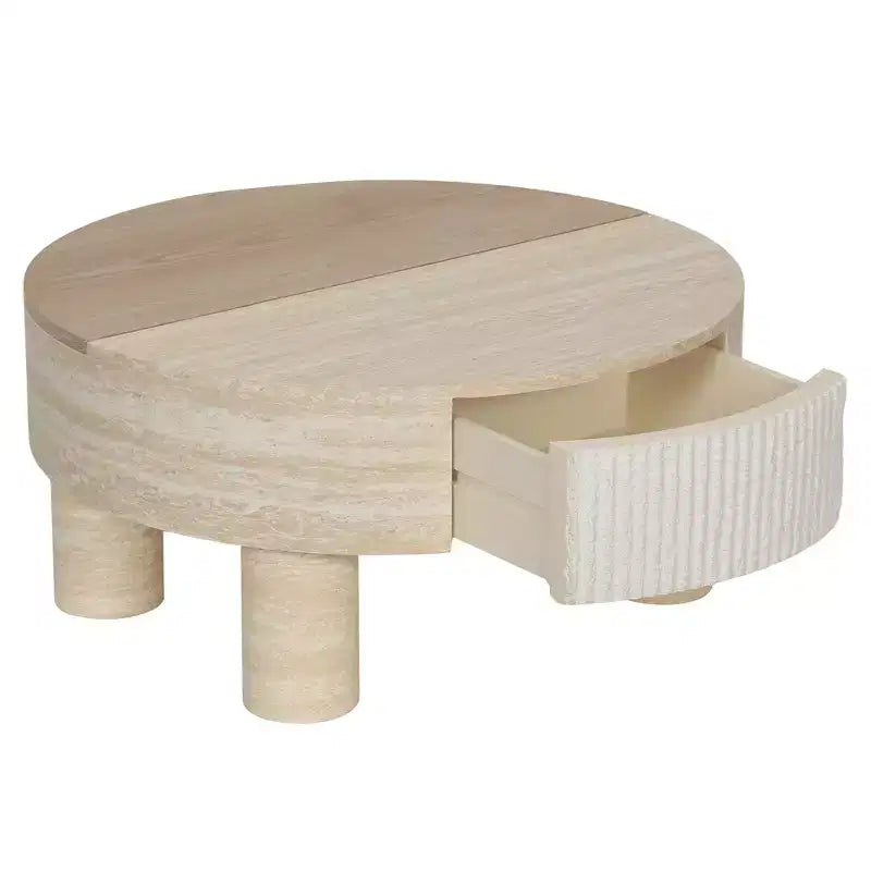 Table basse ronde avec plateau relevable et tiroir de rangement caché