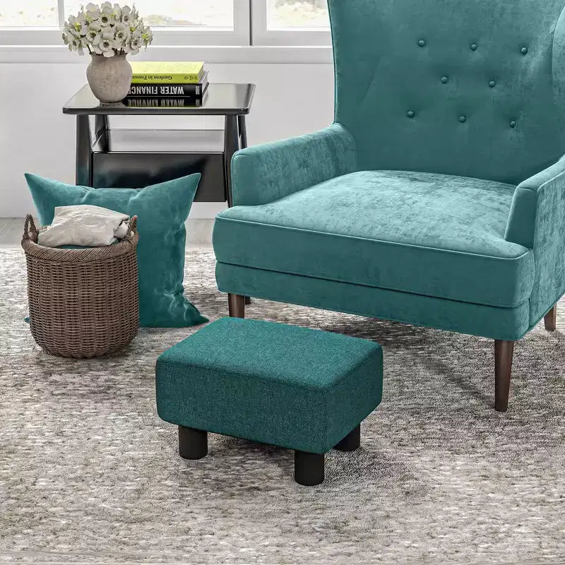 Petit pouf repose-pieds carré en tissu de lin - Vert