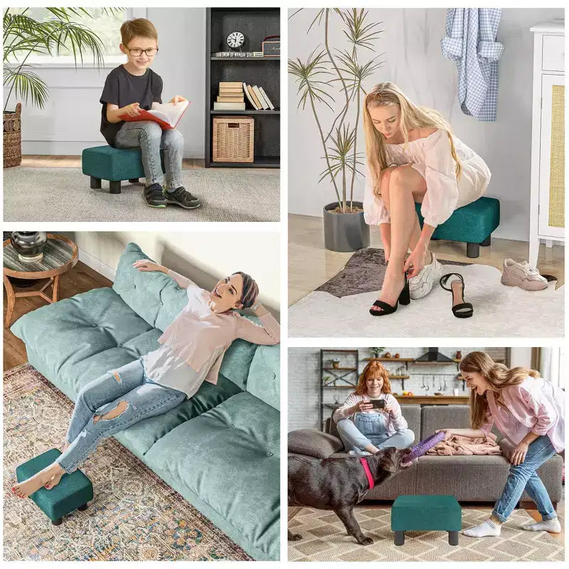 Petit pouf repose-pieds carré en tissu de lin - Vert