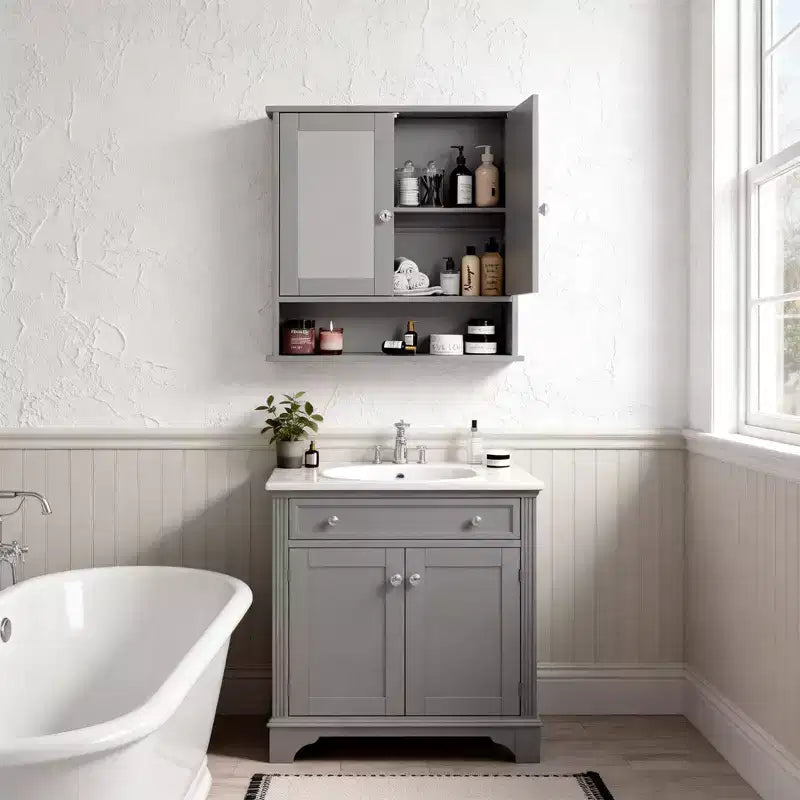 Meuble haut de salle de bain avec 2 portes miroir et 1 étagère