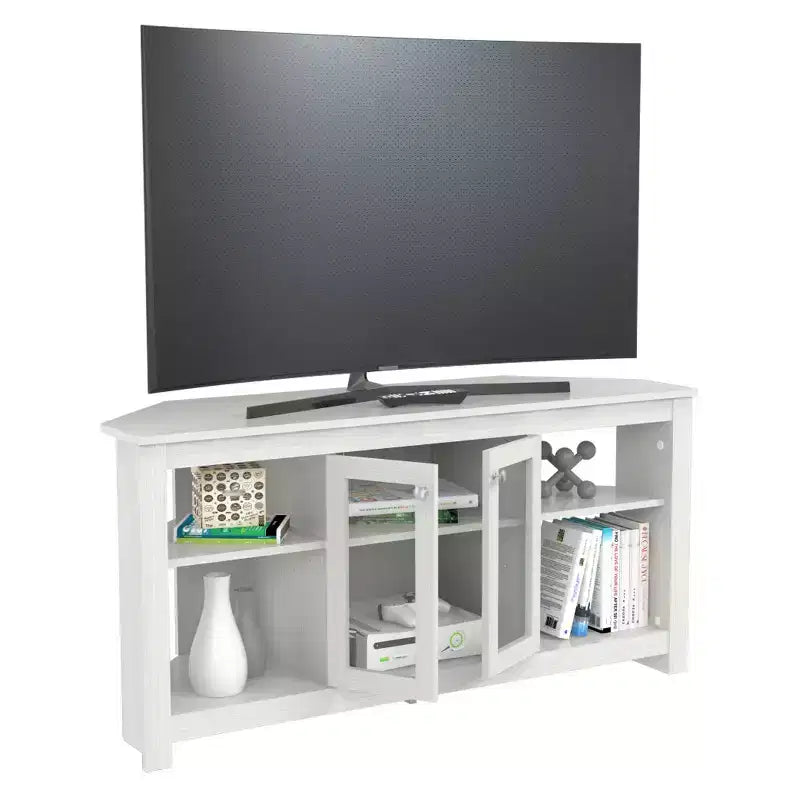 Inval Corner TV Stand for TVs up to 50" with Glass Doors Washed Dark Brown: Modern Entertainment Console, Cable Management