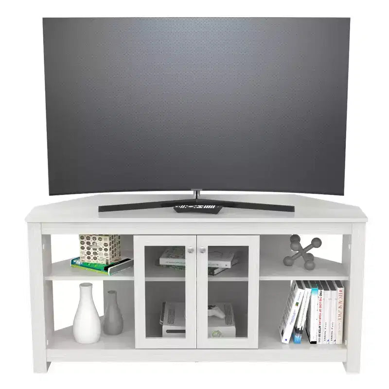 Inval Corner TV Stand for TVs up to 50" with Glass Doors Washed Dark Brown: Modern Entertainment Console, Cable Management