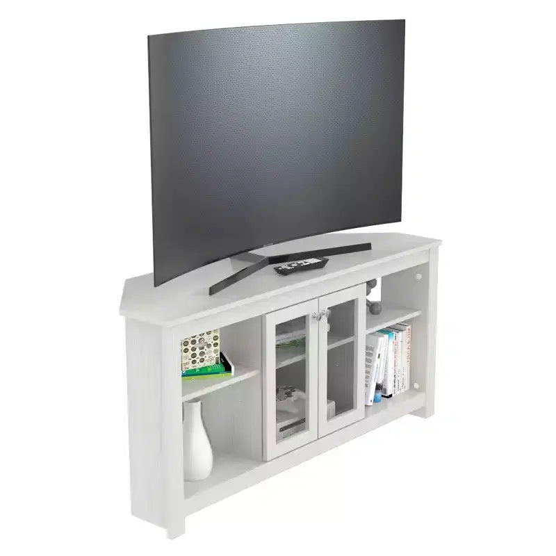 Inval Corner TV Stand for TVs up to 50" with Glass Doors Washed Dark Brown: Modern Entertainment Console, Cable Management