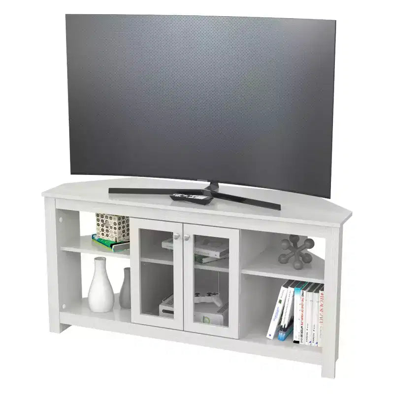 Inval Corner TV Stand for TVs up to 50" with Glass Doors Washed Dark Brown: Modern Entertainment Console, Cable Management