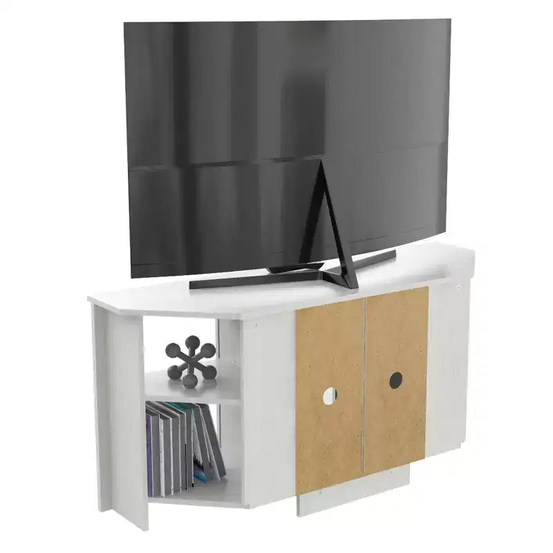Inval Corner TV Stand for TVs up to 50" with Glass Doors Washed Dark Brown: Modern Entertainment Console, Cable Management