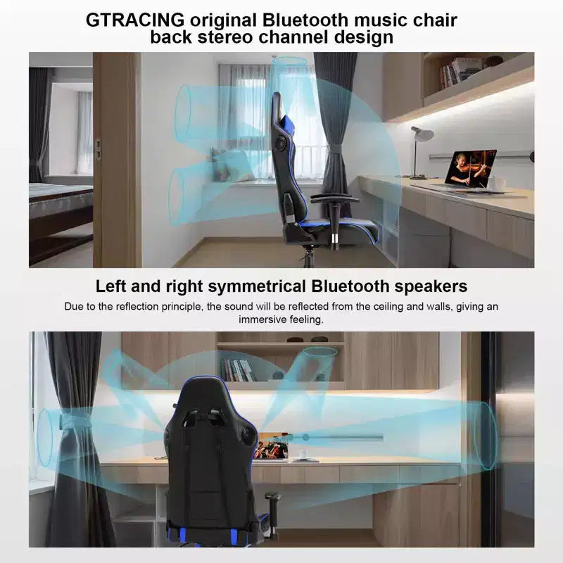 Chaise de bureau gamer en PU bleu avec haut-parleurs Bluetooth et dossier haut