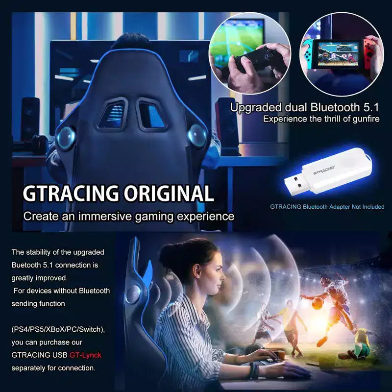 Chaise de bureau gamer en PU bleu avec haut-parleurs Bluetooth et dossier haut