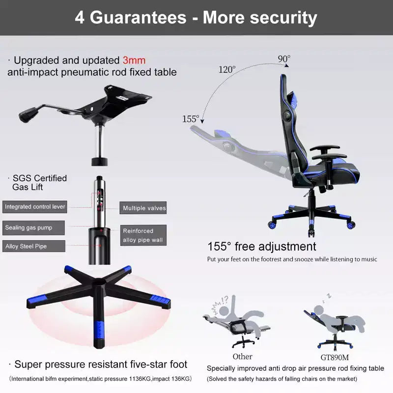 Chaise de bureau gamer en PU bleu avec haut-parleurs Bluetooth et dossier haut