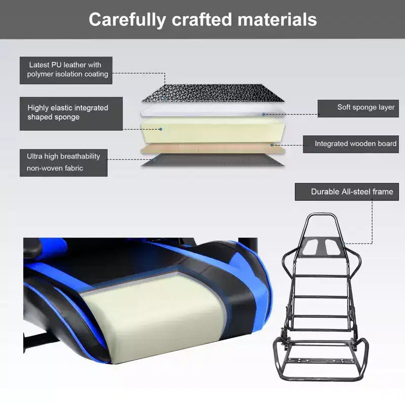 Chaise de bureau gamer en PU bleu avec haut-parleurs Bluetooth et dossier haut