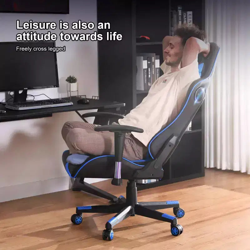 Chaise de bureau gamer en PU bleu avec haut-parleurs Bluetooth et dossier haut