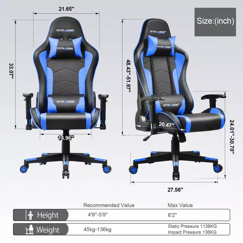 Chaise de bureau gamer en PU bleu avec haut-parleurs Bluetooth et dossier haut