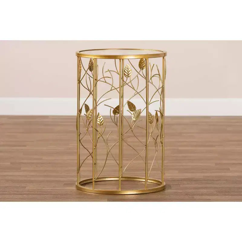 Anaya Glam Brushed Metal and Glass Leaf Accent End Table Gold - Baxton Studio