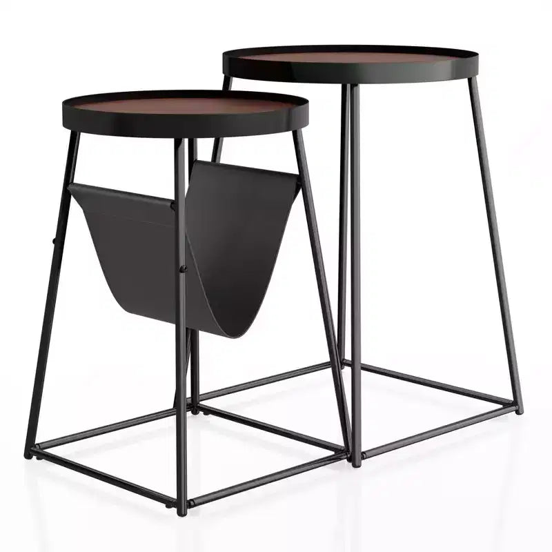 24/7 Shop At Home Quinlane Nesting Table with Magazine Holder Walnut/Matte Black: Modern Steel Frame, Round MDF Top
