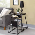 24/7 Shop At Home Quinlane Nesting Table with Magazine Holder Walnut/Matte Black: Modern Steel Frame, Round MDF Top