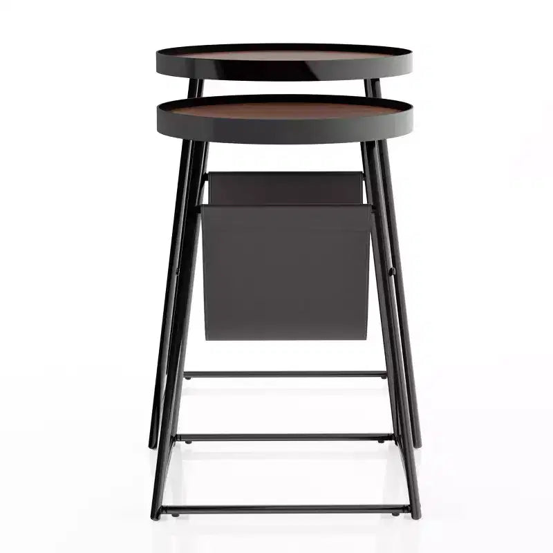 24/7 Shop At Home Quinlane Nesting Table with Magazine Holder Walnut/Matte Black: Modern Steel Frame, Round MDF Top