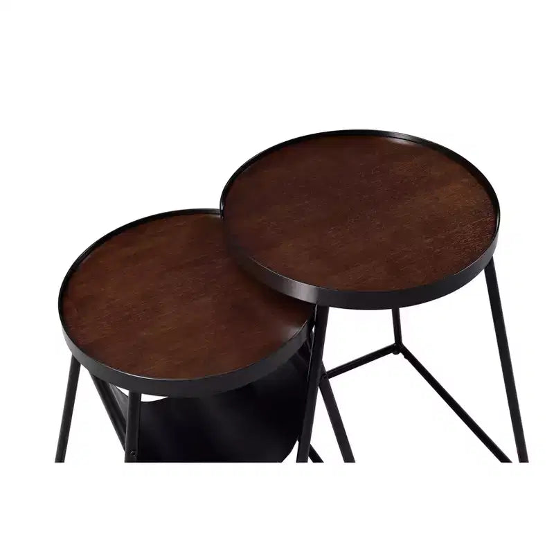 24/7 Shop At Home Quinlane Nesting Table with Magazine Holder Walnut/Matte Black: Modern Steel Frame, Round MDF Top