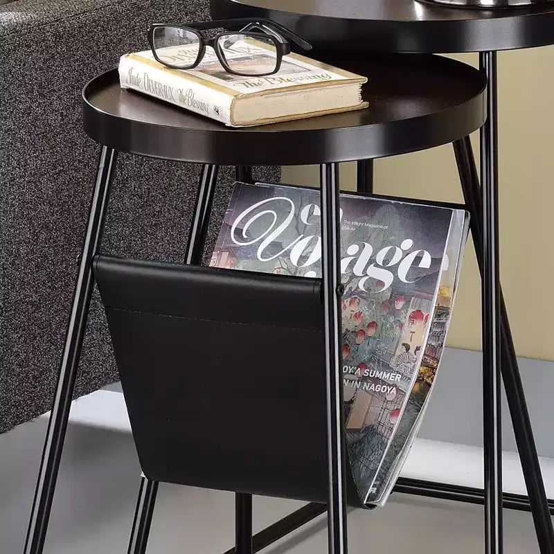 24/7 Shop At Home Quinlane Nesting Table with Magazine Holder Walnut/Matte Black: Modern Steel Frame, Round MDF Top