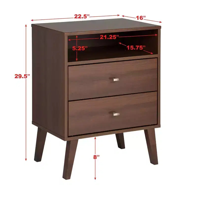 Mid Century Modern 2 Drawer Tall Nightstand with Shelf - Prepac