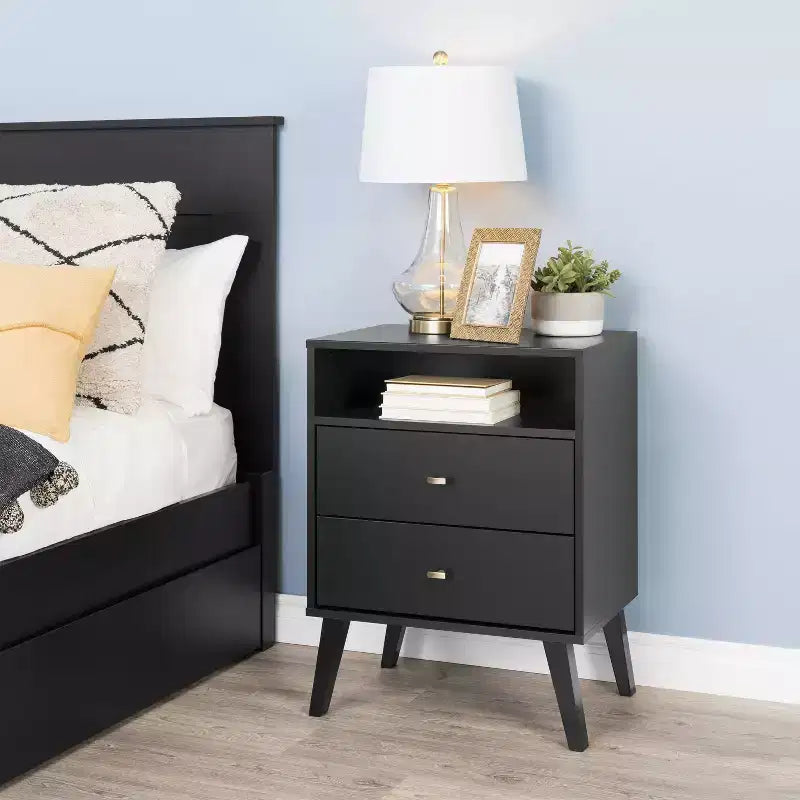 Mid Century Modern 2 Drawer Tall Nightstand with Shelf - Prepac