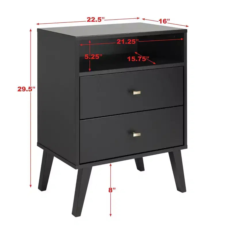 Mid Century Modern 2 Drawer Tall Nightstand with Shelf - Prepac